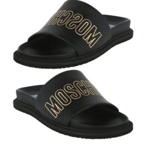 Moschino  Black & Goldtone Logo Leather slides 37/7